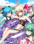  6+girls :o ball bangs bare_shoulders beach beach_umbrella beachball bikini blonde_hair blue_bow blue_hair blue_sky blue_swimsuit bow breasts broom broom_riding brown_hair cirno cleavage closed_eyes closed_mouth cloud collarbone commentary_request eyewear_on_head food fruit green_eyes green_hair grin hair_between_eyes hair_bow hair_ribbon hakurei_reimu highres innertube izayoi_sakuya kirisame_marisa midriff multiple_girls mystia_lorelei navel ocean one-piece_swimsuit one_eye_closed one_side_up open_mouth outdoors pink_hair red_eyes red_ribbon remilia_scarlet ribbon rumia scarlet_devil_mansion school_swimsuit short_hair sidelocks sky small_breasts smile smirk spark621 sunglasses sunlight swimsuit team_9 touhou umbrella watermelon white_hair wriggle_nightbug yukkuri_shiteitte_ne 