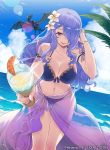  1girl 40hara beach bead_bracelet beads bikini blue_sky bracelet breasts camilla_(fire_emblem) cleavage cloud company_name copyright_name cup day dragon drinking_glass fire_emblem fire_emblem_cipher fire_emblem_fates fire_emblem_heroes flower hair_flower hair_ornament hair_over_one_eye highres holding holding_cup jewelry large_breasts long_hair navel official_art open_mouth outdoors purple_eyes purple_hair sarong sky solo swimsuit water wine_glass wyvern 