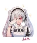  blush bow face gloves hair_between_eyes jam_(nandade) maid maid_headdress one_eye_closed original parted_lips pink_lips red_eyes signature simple_background sleepy twintails white_background white_bow white_gloves white_hair 