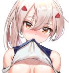  1girl ayanami_(azur_lane) azur_lane bangs bare_shoulders blush breasts closed_mouth detached_sleeves eyebrows_visible_through_hair facing_viewer hair_between_eyes hair_ornament hairclip head_tilt highres kian lifted_by_self light_brown_hair looking_at_viewer medium_breasts mouth_hold no_bra nose_blush orange_eyes out-of-frame_censoring ponytail shirt shirt_lift simple_background sleeveless sleeveless_shirt solo upper_body white_background 