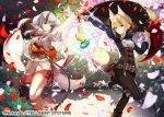  2girls animal_ears belt black_hair black_pants blonde_hair boots brown_hair closed_mouth company_name copyright_name fire_emblem fire_emblem_cipher fire_emblem_fates flower fox_ears fox_tail grey_hair hair_ornament japanese_clothes kurosawa_tetsu leg_up long_sleeves multicolored_hair multiple_girls official_art pants petals red_eyes selkie_(fire_emblem) smile stone streaked_hair tail tree velouria_(fire_emblem) wolf_ears wolf_tail yellow_eyes 