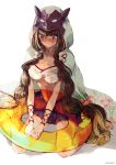  1girl bikini_skirt black_hair black_skirt blush braid breasts brown_hair cape cleavage collarbone commentary_request embarrassed fate/grand_order fate_(series) floral_print full-face_blush gradient_hair hair_over_shoulder hood hooded_cape innertube large_breasts long_braid long_hair mask mask_on_head midriff multicolored_hair navel osakabe-hime_(fate/grand_order) print_cape purple_eyes simple_background sitting skirt solo sweatdrop swimsuit twin_braids very_long_hair wariza wavy_mouth white_background white_bikini_top zeromomo 