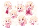  1girl :3 :d =_= ? animal_ears bangs blonde_hair blush bow brown_eyes bunny_ears chibi cold_you expressions extra_ears eyebrows_visible_through_hair eyes_visible_through_hair hair_ornament hair_tie hairclip heart highres large_bow long_hair long_sleeves looking_at_viewer low_twintails multiple_views open_mouth original polka_dot polka_dot_background profile red_bow simple_background smile spoken_blush spoken_heart spoken_question_mark startled twintails 