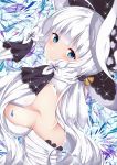  1girl armlet azur_lane bangs blue_eyes blush breasts dress elbow_gloves eyebrows_visible_through_hair gloves hair_ornament hair_ribbon hand_up hat head_tilt highres illustrious_(azur_lane) lace-trimmed_hat lace_trim large_breasts long_hair looking_at_viewer mamizu mole mole_under_eye ribbon smile solo strapless strapless_dress sun_hat white_dress white_gloves white_hair white_headwear 