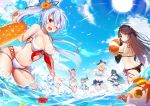  ahoge ball beachball bikini black_hair blonde_hair blue_eyes blue_sky bow bracelet breasts brown_hair building chacha_(fate/grand_order) cloud fate/grand_order fate_(series) felnemo flower fujimaru_ritsuka_(female) hair_bow hair_flower hair_ornament hat highres holding_hands innertube jewelry katou_danzou_(fate/grand_order) kiyohime_(fate/grand_order) kiyohime_(swimsuit_lancer)_(fate) large_breasts lens_flare looking_back mitsudomoe_(shape) miyamoto_musashi_(fate/grand_order) navel ocean oda_nobunaga_(fate) okita_souji_(fate) okita_souji_(fate)_(all) one_eye_closed osakabe-hime_(fate/grand_order) pink_hair ponytail red_eyes silver_hair sky sun swimsuit tamamo_(fate)_(all) tamamo_cat_(fate) tomoe_(symbol) tomoe_gozen_(fate/grand_order) water_gun waving yellow_eyes 