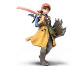  1boy 3d 3d_(artwork) animal bag bandana bat_wings belt belt_buckle boots brown_hair clothed clothing dragon_quest dragon_quest_viii eyebrows grey_eyes hair hero_(dq8) highres holding holding_shield holding_weapon looking_at_viewer male male_focus male_only munchie_(dq8) nintendo official_art pants pouch rodent shield smile solo solo_focus square_enix strap super_smash_bros. sword 