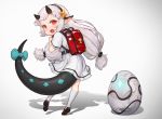  bag dress egg epic7 highres horns long_hair looking_at_viewer peachpa pointy_ears red_eyes ribbon school_bag tail white_background white_hair yufine_(epic7) 