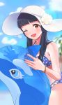  1girl absurdres bangs bare_shoulders beach bikini black_hair blue_bikini blue_hair blurry blurry_background blush breasts brown_eyes commentary_request dolphin flower hat highres idolmaster idolmaster_million_live! idolmaster_million_live!_theater_days jewelry kitakami_reika long_hair looking_at_viewer medium_breasts naijow necklace one_eye_closed open_mouth outdoors smile solo star star_necklace swimsuit twintails white_headwear wristband yellow_flower 