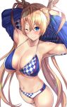 1girl bangs bare_shoulders blonde_hair blue_eyes bradamante_(fate/grand_order) braid breasts cleavage commentary_request cowboy_shot crown_braid facepaint fate/grand_order fate_(series) french_braid from_above hair_between_eyes highres large_breasts long_hair navel one_eye_closed shrug_(clothing) smile thigh_strap two-tone_bikini untsue very_long_hair white_background 