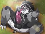  2019 4:3 abs absurd_res anthro black_fur bna_v5 bodily_fluids cum cum_on_body cum_on_penis erection fur genital_fluids hi_res looking_at_viewer male mammal messy muscular nintendo obstagoon penis pok&eacute;mon pok&eacute;mon_(species) saliva smile solo tongue tongue_out video_games 