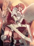  1girl 40hara blush breastplate company_name copyright_name cordelia_(fire_emblem) dress fire_emblem fire_emblem_awakening fire_emblem_cipher garter_straps hair_ornament highres holding holding_weapon long_hair official_art open_mouth pegasus polearm red_eyes red_hair solo weapon 
