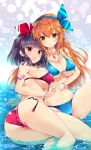  2girls :&gt; :d artist_name ass beatmania beatmania_iidx bell bikini black_hair blue_bikini blue_ribbon blush bracelet breasts brown_eyes brown_hair cameltoe closed_mouth commentary_request covered_nipples eyebrows_visible_through_hair hair_bell hair_ornament hair_ribbon highres hinata_momo hinazuki_ririna holding_hands jewelry jingle_bell large_breasts multiple_girls necklace open_mouth red_bikini red_ribbon ribbon sitting smile star swimsuit umegiri_iroha water 