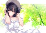  1girl adjusting_hair bangs bare_arms bare_shoulders black_hair blurry blurry_background blush bow breasts clenched_teeth detached_sleeves dress eyebrows_visible_through_hair fingernails frilled_dress frills hair_between_eyes happy hat hat_ribbon highres holding holding_hair holding_hat long_hair looking_at_viewer open_mouth original pink_nails purple_eyes ribbon shaded_face shiny shiny_hair sleeveless smile solo standing straw_hat sun_hat sundress teeth u35 upper_body white_bow white_dress wind 