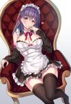  1girl alternate_costume apron bare_shoulders black_dress black_legwear black_panties breasts cameltoe cenangam chair cleavage closed_mouth detached_sleeves dress enmaided fate/stay_night fate_(series) finger_to_mouth frills hair_ribbon hand_up heart large_breasts lingerie long_hair long_sleeves looking_at_viewer maid maid_apron maid_headdress matou_sakura neck_ribbon no_shoes panties pantyshot pantyshot_(sitting) purple_eyes purple_hair red_neckwear ribbon sitting solo thighhighs underwear 