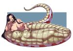 abdominal_bulge big_breasts black_hair blue_eyes boa_hancock breasts ear_piercing ecchipandaa female female/female female_pred female_prey hair hi_res lamia long_hair nipples nude one_piece piercing reptile scalie simple_background snake soft_vore tongue tongue_out vore 