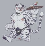  2019 absurd_res anthro belly beverage biped blush bulge cute_fangs eyewear felid fur glasses hi_res humanoid_hands leucistic male mammal minedoo moobs nipples overweight overweight_male pantherine simple_background solo tiger tongue tongue_out underwaer white_fur 
