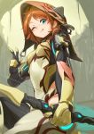  1girl ;p aqua_eyes bodysuit bow_(weapon) brown_hair commentary highres holding holding_bow_(weapon) holding_weapon hood humanization ivara_(warframe) looking_at_viewer one_eye_closed sanderson short_hair smile solo tongue tongue_out v warframe weapon 