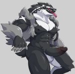  2019 abs anthro balls black_penis bodily_fluids erection genital_fluids hi_res humanoid_penis looking_at_viewer male mammal muscular muscular_male mustelid nintendo nude obstagoon pecs penis pok&eacute;mon pok&eacute;mon_(species) precum red_eyes saliva tongue tongue_out tuft video_games voviat 