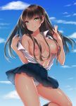 1girl awata_mokane bare_shoulders black_hair black_legwear blue_skirt blue_sky blush breasts cleavage closed_mouth cloud collarbone commentary_request green_eyes hands_up kneehighs large_breasts long_hair looking_at_viewer miniskirt navel nipples no_bra open_clothes open_shirt original panties pleated_skirt school_uniform shirt shirt_tucked_in sidelocks skirt sky smile solo underwear undressing white_panties white_shirt 