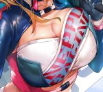  1girl black_jacket blonde_hair breasts character_request choker cleavage clothes_writing collarbone commentary copyright_request crop_top hands_up jacket large_breasts long_hair ogino_atsuki shrug_(clothing) sidelocks skindentation snap-fit_buckle solo 