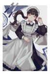  1girl absurdres apron bangs blush border brown_hair closed_eyes closed_mouth hat highres kashiwagi_chisame lace long_sleeves lying maid maid_headdress on_back original puffy_sleeves solo twintails 