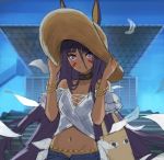  1girl animal_ears bangs breasts cleavage collarbone commentary_request dark_skin eyebrows_visible_through_hair facial_mark fate/grand_order fate_(series) hair_between_eyes hat highres jackal_ears jewelry long_hair looking_at_viewer medium_breasts navel nitocris_(fate/grand_order) open_fly purple_eyes purple_hair shorts sketch smile solo sun_hat tonee very_long_hair 