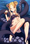  1girl abigail_williams_(fate/grand_order) bangs bare_shoulders barefoot bikini black_bikini black_bow blonde_hair blue_eyes blush bow breasts closed_mouth double_bun emerald_float fate/grand_order fate_(series) feet forehead frilled_bikini frills hair_bow highres kuroshiro_(ms-2420) legs long_hair microskirt navel orange_bow parted_bangs polka_dot polka_dot_bow scrunchie skirt small_breasts smile solo swimsuit tentacles thighs water wrist_scrunchie 