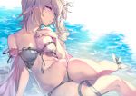  1girl 92m arm_support bangs bare_shoulders bikini blonde_hair blue_eyes breasts cleavage collarbone commentary_request europa_(granblue_fantasy) eyebrows_visible_through_hair flower front-tie_top granblue_fantasy hair_flower hair_ornament hand_on_own_chest looking_at_viewer medium_breasts navel outdoors parted_lips partially_submerged ribbon short_hair silver_bikini sitting solo strap_slip swimsuit thigh_ribbon thighs water wet 