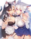  :d animal_ears apron arm_around_shoulder arm_garter asymmetrical_docking bare_shoulders bell black_dress black_hair blue_dress blush breast_press breasts bright_pupils cat_ears cat_tail cleavage closed_mouth commentary_request detached_collar dress eyebrows_visible_through_hair fang garter_straps grey_hair hand_up jingle_bell large_breasts long_hair maid maid_apron maid_headdress multicolored_hair multiple_girls neck_bell open_mouth orange_eyes original paw_pose puffy_short_sleeves puffy_sleeves purple_eyes revision short_sleeves slit_pupils smile tail thighhighs two-tone_hair v waist_apron white_apron white_legwear wing_collar yamaarashi 