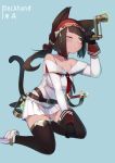  1girl ;&lt; animal_ears arm_up bandana bangs bare_shoulders belt belt_buckle black_gloves black_legwear blue_background blunt_bangs blush brown_belt brown_hair buckle cat_ears cat_girl cat_tail collarbone commentary_request eyebrows_visible_through_hair gloves green_eyes highres holding long_hair long_sleeves looking_away natori_youkai off_shoulder original pleated_skirt ponytail saber_(weapon) shirt shoes simple_background skirt solo sword tail tail_raised thighhighs weapon white_footwear white_shirt white_skirt 