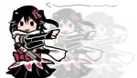  1girl afterimage bangs black_eyes black_gloves black_hair black_skirt blush_stickers bow cowboy_shot directional_arrow elbow_gloves fingerless_gloves gloves hair_between_eyes hair_ornament holding holding_torpedo holding_weapon kantai_collection looking_at_viewer medium_hair outstretched_arm pleated_skirt pose red_bow red_sash remodel_(kantai_collection) scarf sendai_(kantai_collection) simple_background skirt sleeveless solo terrajin torpedo triangle_mouth two_side_up weapon white_background white_scarf 