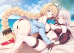  2girls ahoge ass bangs bare_shoulders beach bikini black_bikini black_choker black_gloves black_hairband black_jacket blonde_hair blue_sky blush breasts breasts_apart choker cloud collarbone commentary_request cropped_jacket day eyebrows_visible_through_hair fate/grand_order fate_(series) from_behind gloves groin hairband halter_top halterneck hood hood_down hoodie jacket jeanne_d&#039;arc_(alter)_(fate) jeanne_d&#039;arc_(alter_swimsuit_berserker) jeanne_d&#039;arc_(fate) jeanne_d&#039;arc_(fate)_(all) jeanne_d&#039;arc_(swimsuit_archer) long_hair looking_at_viewer looking_back miko_92 multiple_girls navel o-ring o-ring_bikini o-ring_bottom o-ring_top ocean open_clothes open_hoodie outdoors palm_tree purple_eyes red_legwear sand shrug_(clothing) sideboob silver_hair single_thighhigh sky swimsuit thigh_strap thighhighs thighs tree underboob very_long_hair water white_hair yellow_eyes 