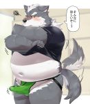  2019 anthro belly biped blush bulge canid canine canis clothed clothing domestic_dog erection erection_under_clothing hi_res humanoid_hands japanese_text male mammal navel nikiciy open_shirt overweight overweight_male shirt solo text topwear underwear undressing 