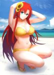  1girl aqua_eyes armpits arms_behind_head arms_up bangs bare_shoulders beach bikini blush boudica_(fate/grand_order) breasts cleavage closed_mouth collarbone fate/grand_order fate_(series) flower hair_between_eyes hair_flower hair_ornament highres large_breasts long_hair looking_at_viewer minami_koyogi navel red_hair sandals smile solo squatting sunflower_hair_ornament swimsuit thighs yellow_bikini 