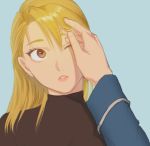  1girl ;o amestris_military_uniform black_shirt blonde_hair blue_background brown_eyes close-up commentary_request earrings eyelashes fingernails fullmetal_alchemist hair_over_one_eye hand_in_hair hands head_tilt highres jewelry long_hair one_eye_closed outstretched_hand ozaki_(tsukiko3) parted_lips pov pov_hands riza_hawkeye shaded_face shirt simple_background solo upper_body 