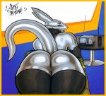  2019 80&#039;s_theme abstract_background android arm_warmers armwear big_butt butt clothing digimon digimon_(species) hi_res invalid_tag legwear lips long_ears looking_at_viewer lying machine metallic_body on_front pouty_lip radio renamon robot sligarthetiger solo table television thick_bottom_lip thick_thighs thigh_highs wide_hips 