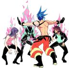  3boys baggy_pants black_gloves black_jacket blue_hair cravat denim fire galo_thymos gloves gueira hair_over_one_eye half_gloves jacket jeans jurassic_world lio_fotia long_hair mad_burnish male_focus manbou_no_ane meis_(promare) meme multiple_boys outstretched_arms pants parody prattkeeping promare red_hair shirt shirtless spiked_hair 