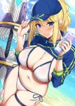  absurdres ahoge artoria_pendragon_(all) baseball_cap bikini blonde_hair blue_jacket breasts cropped_jacket fate/grand_order fate_(series) hat highres jacket kusahagane large_breasts mysterious_heroine_xx_(foreigner) ponytail shrug_(clothing) side-tie_bikini swimsuit thigh_strap white_bikini wristband zipper_pull_tab 