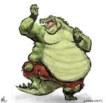  anthro aokmaidu belly belly_overhang big_belly biped claws clothed clothing crocodile crocodilian crocodylid dreamworks green_scales kung_fu_panda male moobs obese obese_male on_one_leg open_mouth overweight overweight_male pose reptile scales scalie simple_background solo standing teeth toe_claws tongue topless torn_clothing white_background wristband 