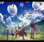  1boy 1girl animal_ears belt black_gloves blue_sky braid brown_cape canaan_(pixiv_fantasia_last_saga) cape cloud copyright_name day flower gadis_(pixiv_fantasia_last_saga) gloves hair_flower hair_ornament hayakawaseli highres lens long_hair mountain outdoors pixiv_fantasia pixiv_fantasia_last_saga pointy_ears sheath sheathed sheep sky standing very_long_hair white_hair wide_sleeves 