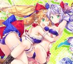  2girls :o ;d arm_garter arm_up armpits ass azur_lane back bare_arms bare_shoulders bent_over bikini bikini_skirt blonde_hair blue_bow boots bow breasts brown_footwear choker frills green_eyes hair_bow hair_ornament hug l&#039;opiniatre_(azur_lane) large_breasts le_temeraire_(azur_lane) leg_garter long_hair looking_at_viewer multiple_girls navel one_eye_closed open_mouth parted_lips ponytail purple_bikini purple_hair red_bow ribbon_choker riichu side_ponytail sidelocks small_breasts smile striped striped_bow swimsuit thigh_strap very_long_hair 