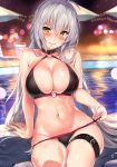  1girl ahoge arm_support bikini bikini_pull black_bikini blanket blurry blush bokeh breasts chair cleavage closed_mouth collarbone commentary_request depth_of_field embarrassed fate/grand_order fate_(series) feet_out_of_frame groin highres jeanne_d&#039;arc_(alter_swimsuit_berserker) jeanne_d&#039;arc_(fate)_(all) kawai large_breasts lips long_hair lounge_chair mat mattress navel o-ring o-ring_bikini o-ring_top pool silver_hair sitting skindentation stomach swimsuit thigh_strap umbrella v-shaped_eyebrows very_long_hair water white_hair yellow_eyes 