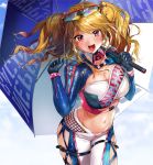  1girl :d black_jacket blonde_hair blush breasts choker cleavage clothes_writing collarbone cowboy_shot crop_top eyebrows_visible_through_hair eyewear_on_head gloves groin hands_up holding holding_umbrella jacket large_breasts light_particles long_hair mole mole_under_eye multicolored_pants navel ogino_atsuki open_mouth original purple_eyes race_queen shrug_(clothing) sidelocks simple_background skindentation smile snap-fit_buckle solo stomach thigh_strap tinted_eyewear twintails umbrella wavy_hair 