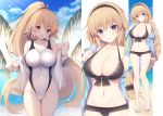  1girl :d absurdly_long_hair ass_visible_through_thighs bag bangs bare_shoulders bikini black_bikini blonde_hair blue_eyes blue_jacket blue_sky blush braid breasts cleavage collarbone cowboy_shot day eyebrows_visible_through_hair fate/grand_order fate_(series) front-tie_bikini front-tie_top full_body groin hair_between_eyes hair_ornament hair_scrunchie hairband halter_top halterneck head_tilt hood hooded_jacket jacket jeanne_d&#039;arc_(fate)_(all) jeanne_d&#039;arc_(swimsuit_archer) large_breasts long_hair long_sleeves looking_at_viewer miko_92 navel off_shoulder open_clothes open_jacket open_mouth outdoors ponytail purple_eyes sandals scrunchie shoulder_bag single_braid skindentation sky smile solo swimsuit thighs very_long_hair white_jacket white_swimsuit 