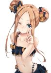  1girl abigail_williams_(fate/grand_order) bangs bare_shoulders bikini black_bikini black_bow blonde_hair blue_eyes blush bow breasts collarbone double_bun emerald_float fate/grand_order fate_(series) forehead frilled_bikini frills hair_bow hand_gesture long_hair looking_at_viewer mayume_(polaris_quaver) miniskirt navel one_eye_closed open_mouth orange_bow parted_bangs polka_dot polka_dot_bow simple_background skirt small_breasts solo swimsuit v white_background 