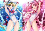  2girls adapted_costume back_bow baton bishoujo_senshi_sailor_moon blonde_hair blue_background blue_eyes blue_headwear blue_sailor_collar bow cheerleader chibi_usa choker commentary_request covered_navel cowboy_shot double_bun elbow_gloves floral_background gloves gold_choker hair_ornament heart highleg highleg_leotard impossible_clothes impossible_leotard leotard long_hair looking_at_viewer magical_girl multiple_girls open_mouth pink_background pink_bow pink_hair pink_sailor_collar pom_poms red_bow red_eyes sailor_chibi_moon sailor_collar sailor_moon sailor_senshi_uniform sen_(sansui) shiny smile sparkle_background split_theme standing tsukino_usagi twintails very_long_hair visor_cap wet wet_clothes white_gloves white_leotard 