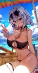  1girl alternate_costume azur_lane bangs bare_shoulders beach_umbrella bikini bird black_bikini black_choker black_legwear blue_sky blush breasts bubble_tea bubble_tea_challenge chick choker cloud cloudy_sky collarbone condensation crossed_bangs cup day disposable_cup drinking drinking_straw eyebrows_visible_through_hair eyelashes eyewear_on_head hand_up heart heart-shaped_eyewear highres innertube large_breasts manjuu_(azur_lane) navel o-ring o-ring_bikini o-ring_top object_on_breast ocean outdoors picnic_basket red_eyes scrunchie shadow shiny shiny_hair shiny_skin short_hair sirius_(azur_lane) sirius_(midsummer_seirios)_(azur_lane) sitting sky sweat swimsuit thigh_strap thighs tutler umbrella v water white_hair white_scrunchie wrist_scrunchie 