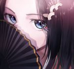  1girl black_hair blue_eyes close-up commentary_request covering_mouth face fan folding_fan forehead hair_ornament hairclip long_hair looking_at_viewer original porch5681 portrait solo 