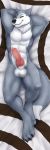  absurd_res animal_genitalia animal_penis anthro balls canid canine canine_penis canis dakimakura_design erection hands_behind_head hi_res knot looking_at_viewer lying male mammal muscular muscular_male nude on_back penis seibear smile solo wolf 