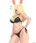  1girl angry animal_ears artist_name blonde_hair blush bra breasts bunny_ears collarbone commentary commission contrapposto cowboy_shot english_commentary eyebrows_visible_through_hair final_fantasy final_fantasy_xiv gradient_hair green_bra green_eyes green_hair green_nails green_panties hair_over_one_eye hand_on_hip kuroonehalf large_breasts lightning_bolt lingerie long_hair looking_at_viewer multicolored_hair navel open_mouth panties side-tie_panties simple_background solo stomach underwear v-shaped_eyebrows viera white_background 